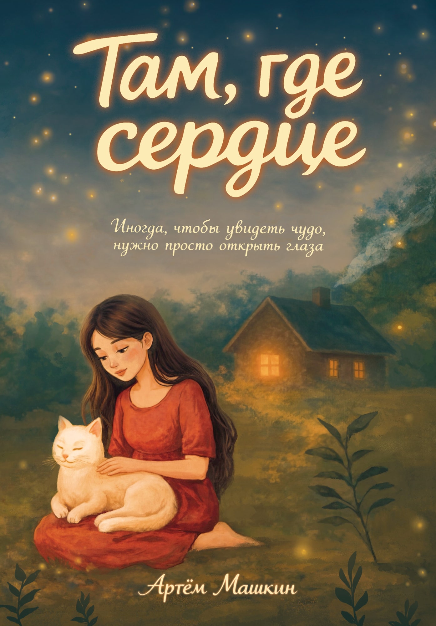 Обложка книги «Там, где сердце». Машенька и белый кот у дома в вечернем саду